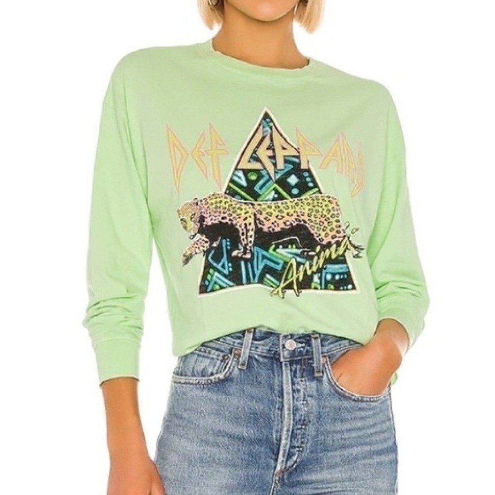 Daydreamer Free People Def Leppard Cropped Long Sleeve Graphic Tee Lime Green L